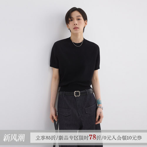 sameuoo散养文化「久仰」黑色冰丝针织短袖t恤女夏休闲正肩上衣