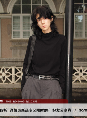 sameuoo散养文化交叉烟囱领长袖T恤内搭秋冬正肩黑色打底衫上衣女