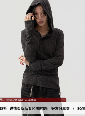 sameuoo散养文化「朋野」亚麻混纺连帽长袖t恤 竹节纹理打底上衣