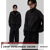 sameuoo散养文化「黑曜」短款 下摆绑带双排扣毛呢外套冬 羊毛混纺