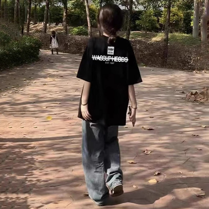 WASSUP HEODS夏季新款国潮方块横线字体短袖T恤女宽松休闲上衣潮