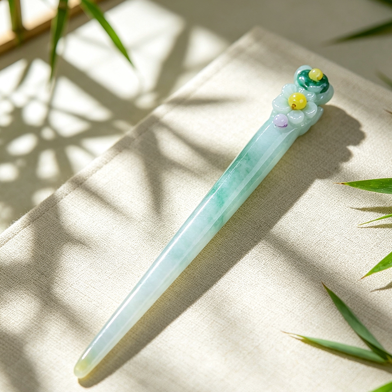 天然翡翠A货时尚精致雕刻古法女款飘花翡翠一朵花发饰玉发簪