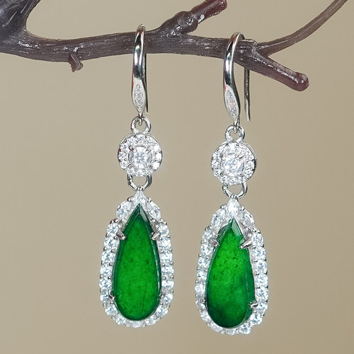 天然a货翡翠水滴耳环银镶嵌精致优雅满辣绿龙石翡翠耳坠耳钩