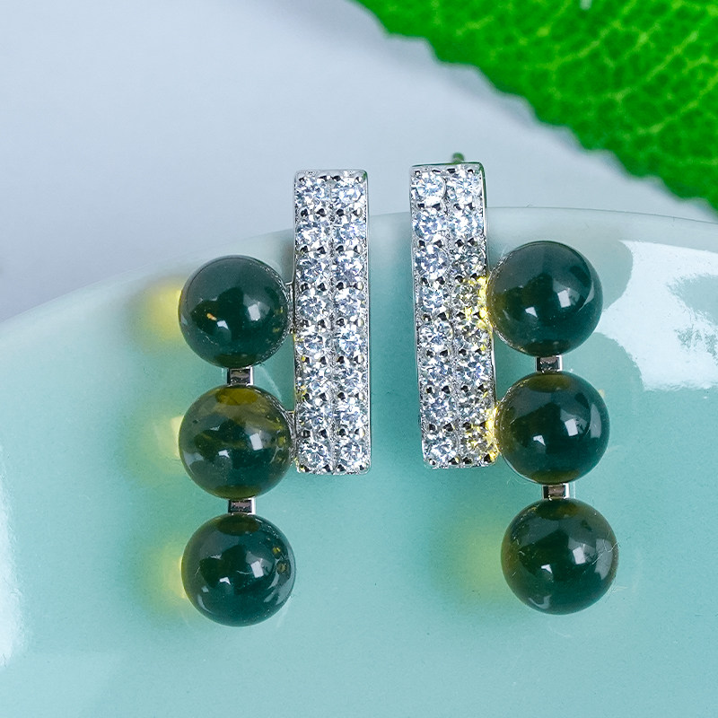 S925银镶天然琥珀时尚蓝珀精致大气双排三珠耳钉一对送妈妈送爱人