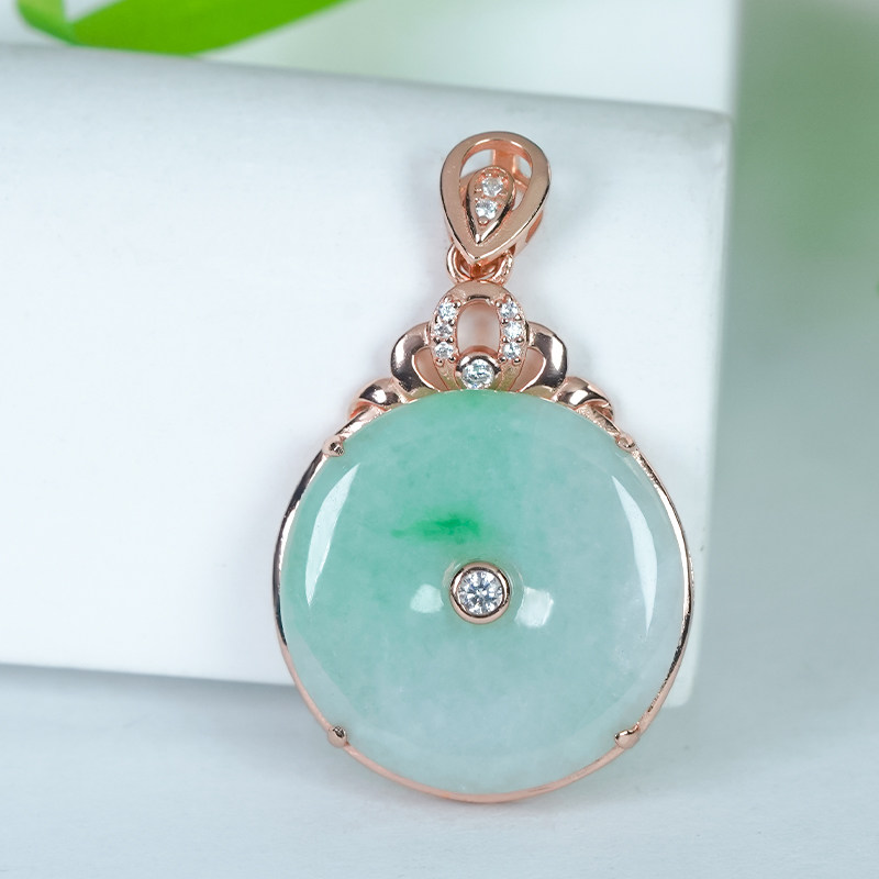 天然翡翠A货银镶嵌新中式皇冠扣头飘花翡翠平安扣单吊坠玫瑰金