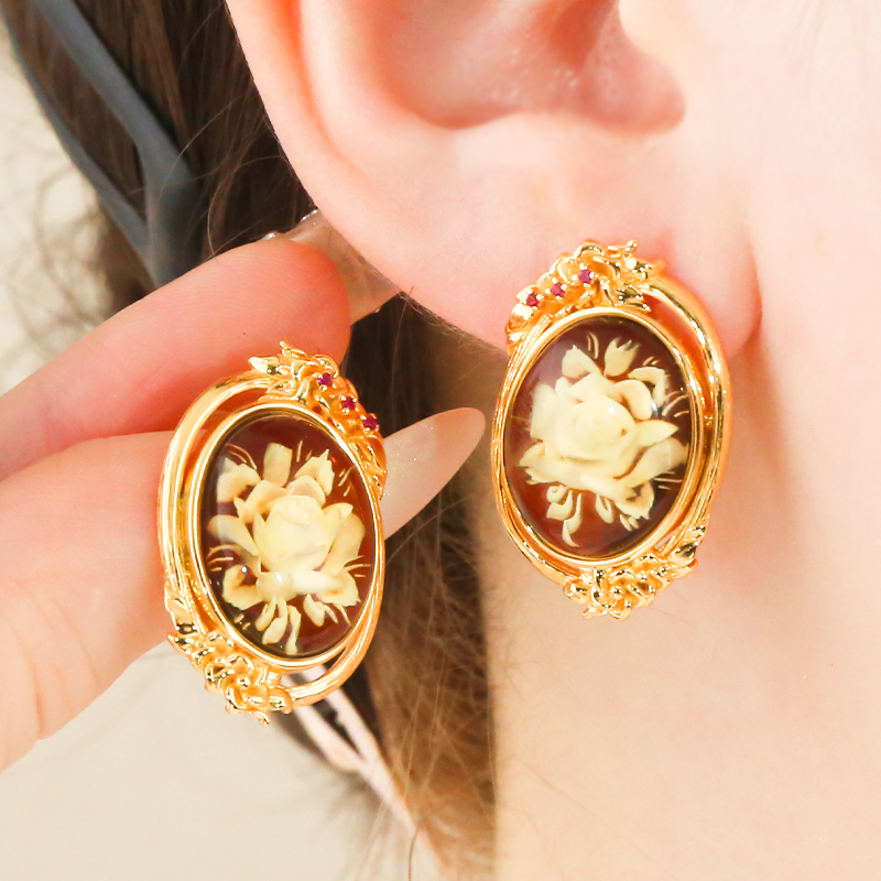 天然俄料琥珀耳钉精美复古花朵设计款耳环（多样性发）