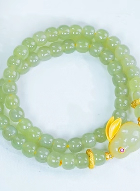 天然和田玉雕花直切珠子玉兔手串