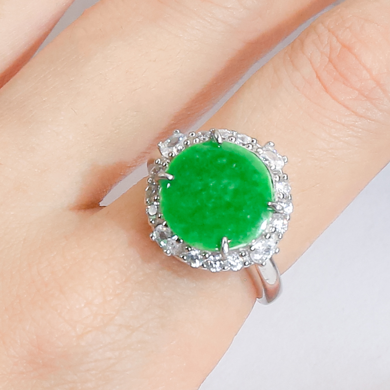 天然翡翠A货银镶嵌精致高级设计感满锆满绿翡翠圆牌戒指节日送礼