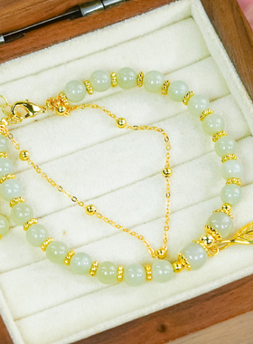 天然和田玉圆珠手串晴水叶子手链