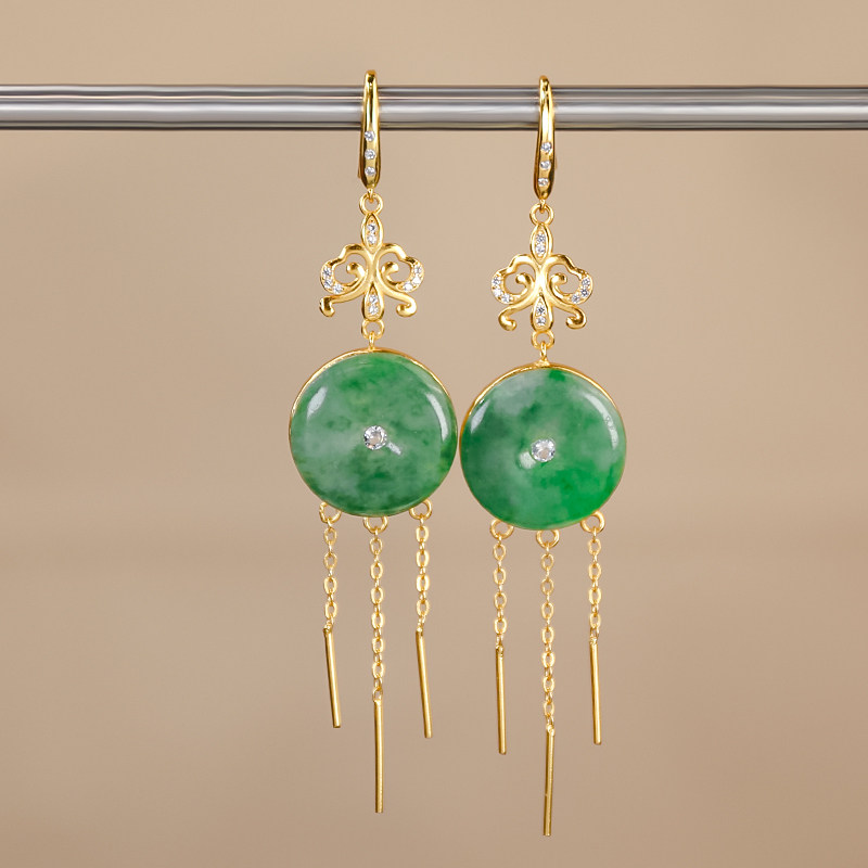 新款耳坠天然翡翠A货精美百搭国风飘绿圆牌翡翠耳环一对节日送礼