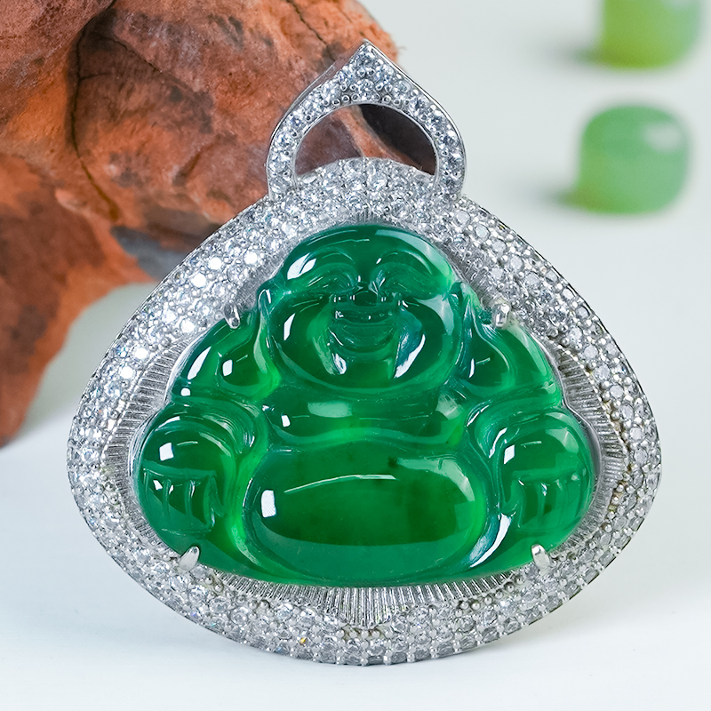 女款翡翠佛公吊坠银镶嵌天然翡翠A货满绿冰辣绿弥勒佛玉坠