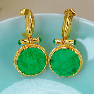 七夕礼物翡翠耳环银镶嵌天然翡翠A货精致复古满阳绿圆牌耳钉一对