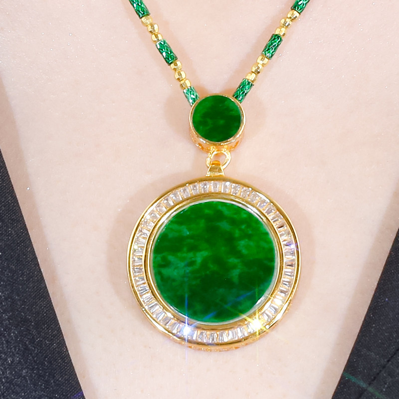 天然翡翠A货银镶玉大气经典款简约百搭辣绿翡翠大小圆牌吊坠项链