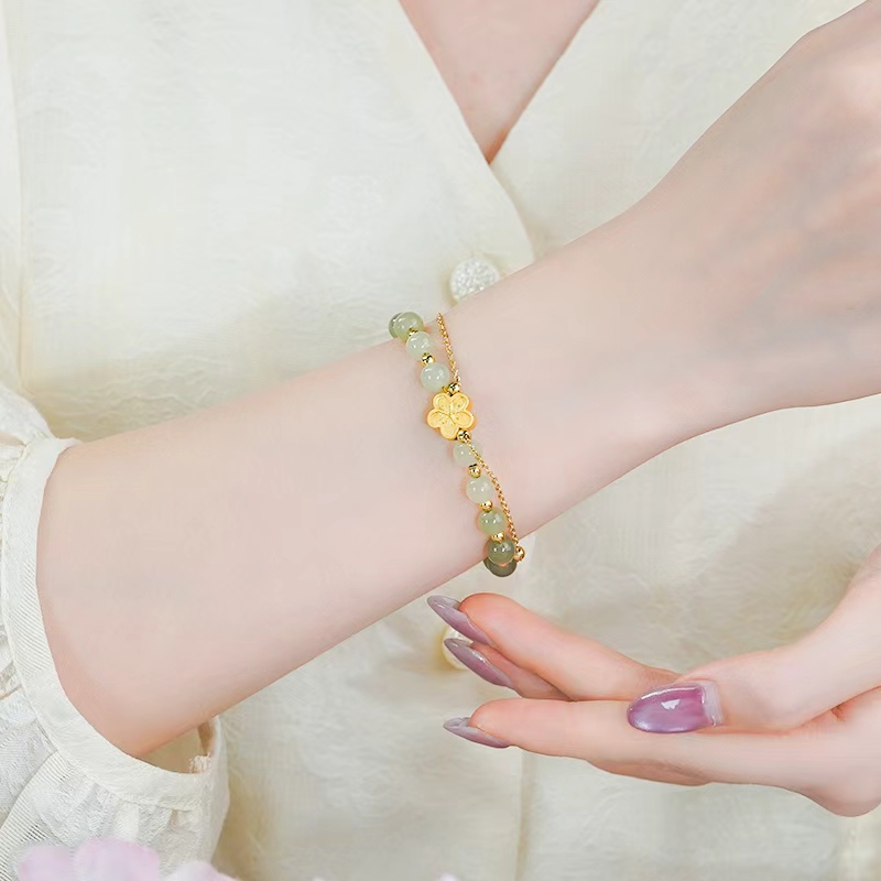 洛丽亚天然和田玉手串镶嵌精致女人气质花朵碧玉圆珠手链