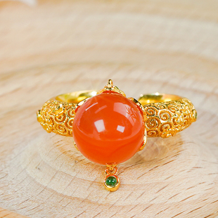 天然南红玛瑙戒指银镶嵌精致镂空设计祥云蛋面开口戒