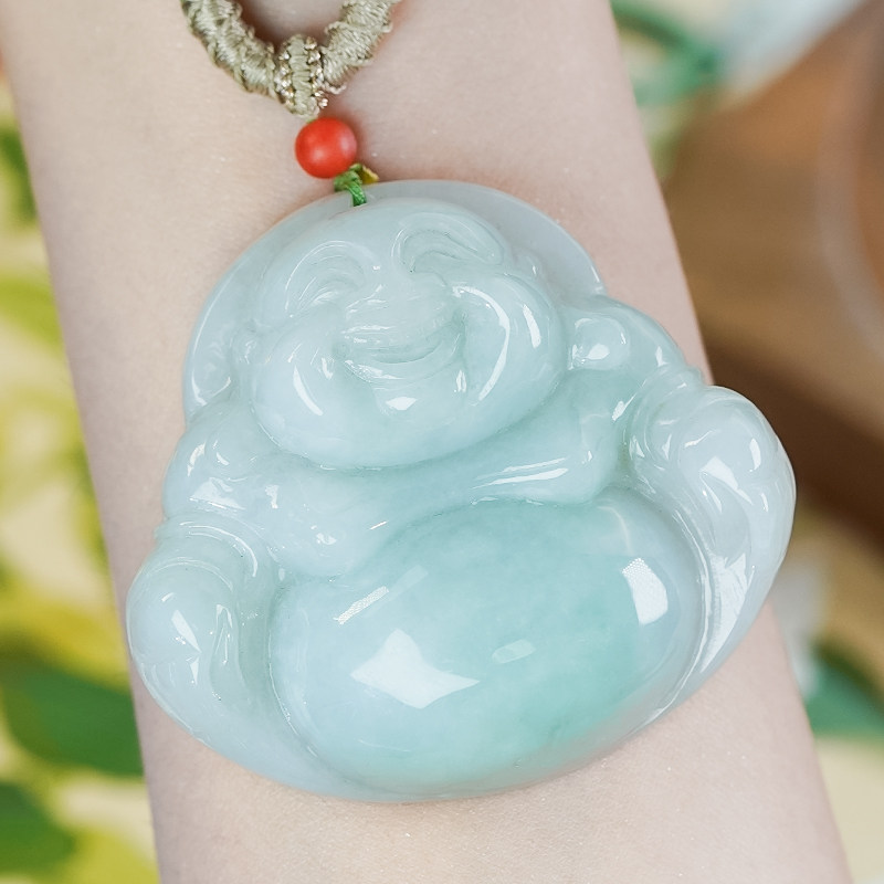 大气厚装翡翠佛公吊坠天然a货手工雕刻弥勒佛手工制作编绳子项链