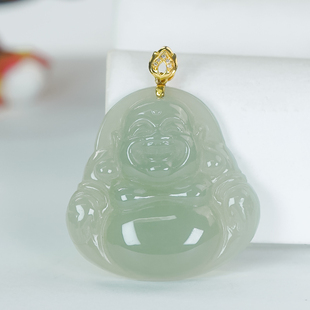520情人节礼物18K金镶嵌天然和田玉花朵扣头开怀大笑晴水佛公吊坠
