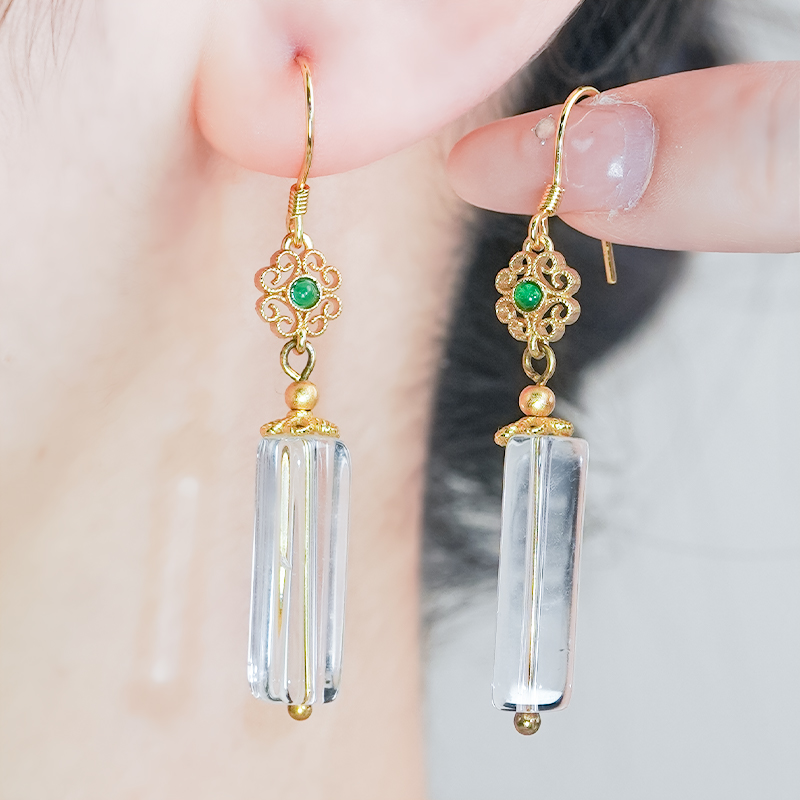 天然白水晶银镶嵌精致镂空祥云设计长款随形长方耳环耳钩