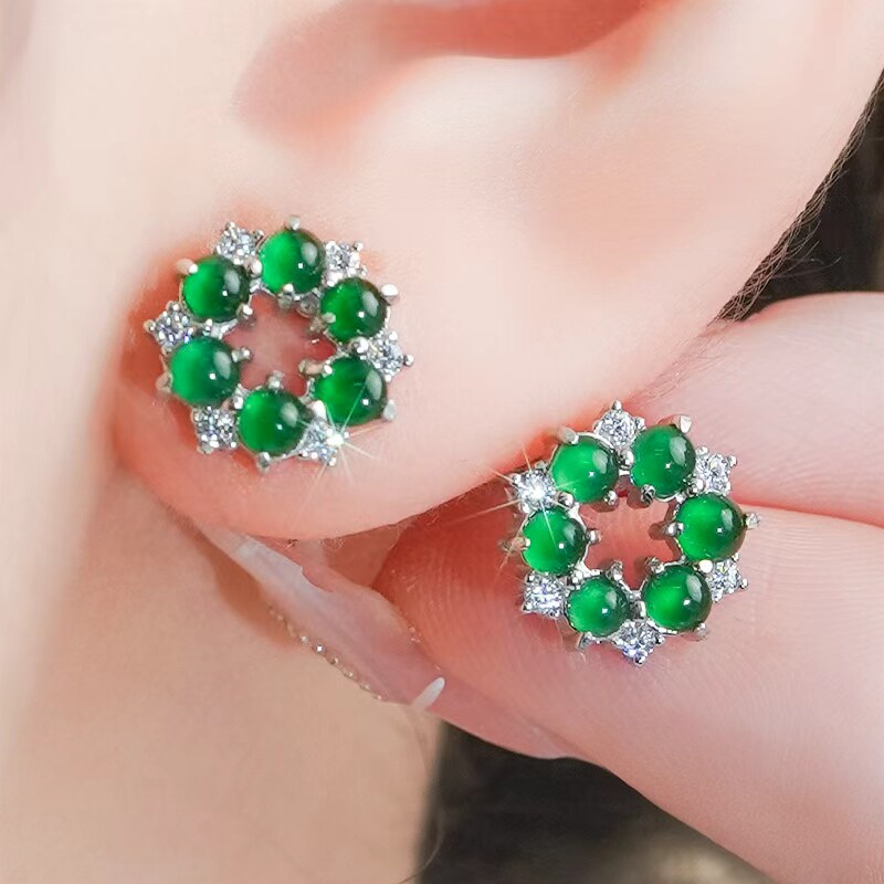 天然翡翠A货玉耳饰银镶嵌精致简约冰辣绿翡翠五福蛋面耳钉(银白)