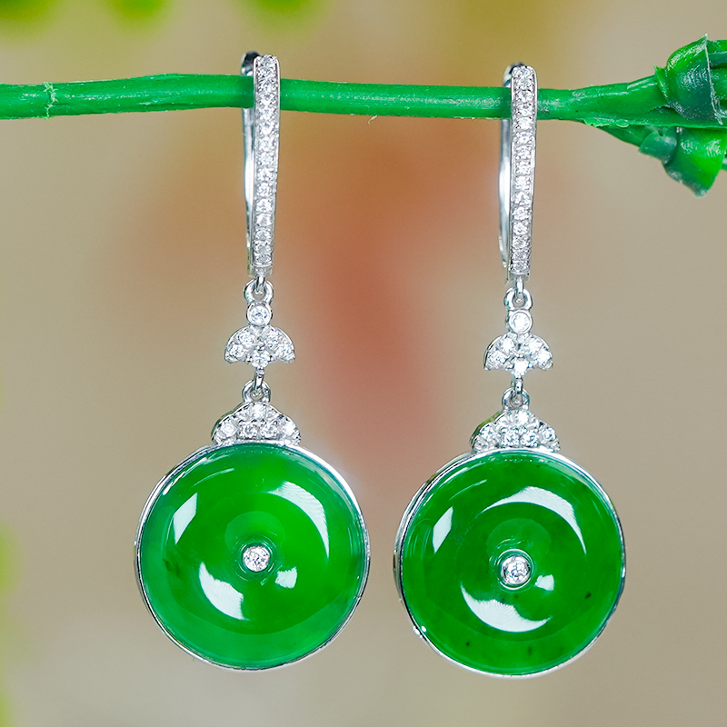 铂Pt950镶嵌天然翡翠A货玉耳饰冰辣绿翡翠平安扣耳钉耳扣（小号）