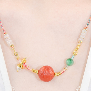 天然南红银镶嵌精致雕刻设计感南红玛瑙珠子项链套链（配珠翡翠）