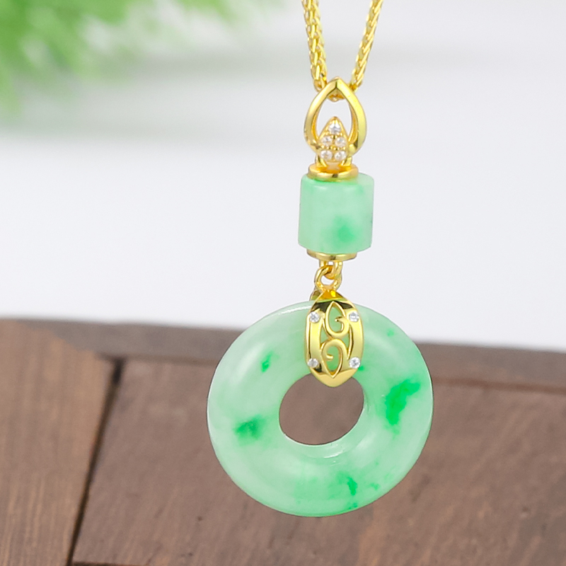 天然翡翠A货银镶嵌简约风飘绿翡翠平安子母扣吊坠项链 多样性发货