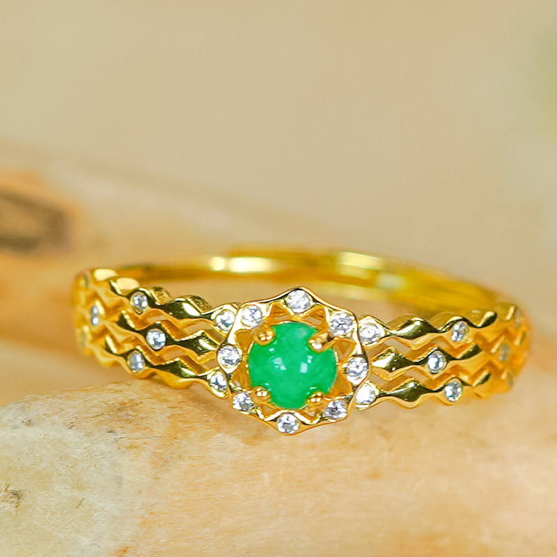 蛇年送礼送女友送爱人时尚波纹设计感银镶嵌天然阳绿翡翠蛋面戒指