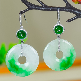 铂Pt950金镶玉天然冰飘花翡翠A货一点阳绿平安扣甜甜圈耳环耳钩款