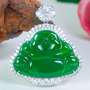 银镶嵌天然翡翠吊坠A货精致豪镶经典满绿翡翠玉佛项链