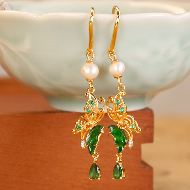 洛丽亚天然翡翠A货中式国风复古蝴蝶银镶耳环耳坠对称 一对耳钩款,珠宝/钻石/翡翠,耳饰,淘宝优惠券,粉丝福利购,淘宝优惠卷