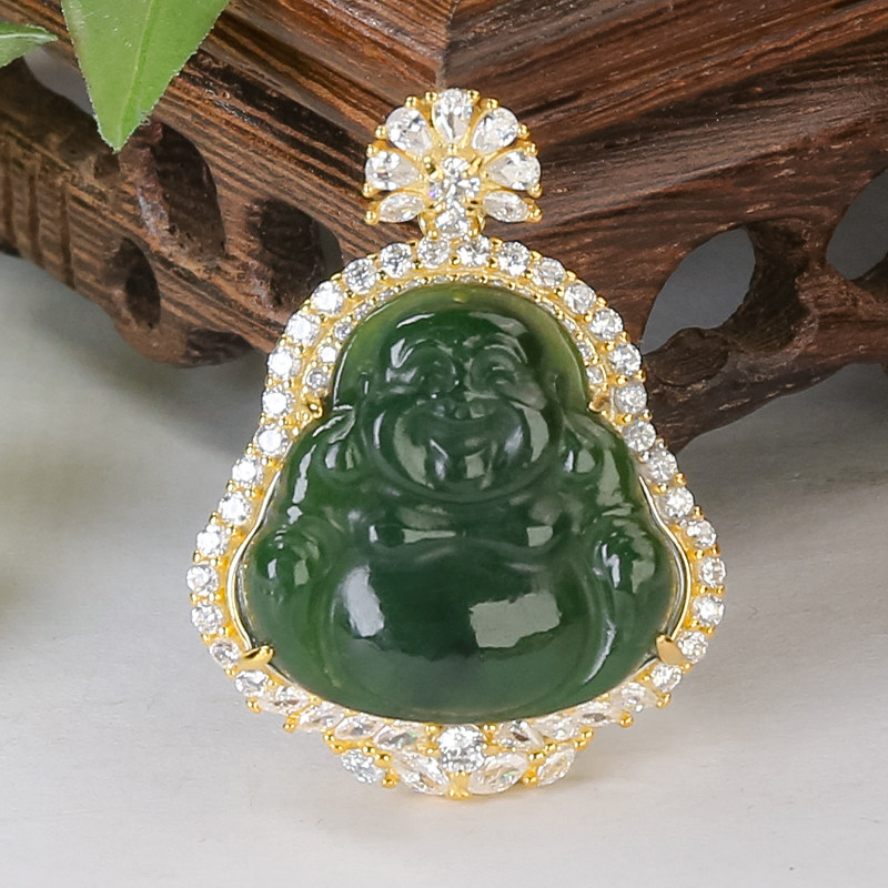 925银镶嵌碧玉油润细糯菠菜绿佛公吊坠单吊坠送女友送爱人