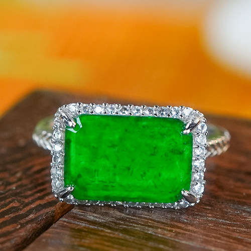 天然A货翡翠简约气质925银镶嵌满绿龙石无事牌翡翠戒指情人节礼物