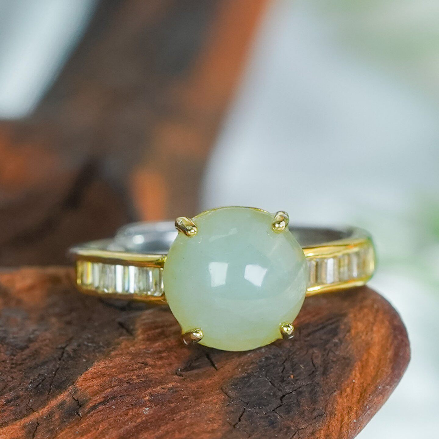 天然缅甸翡翠戒指A货银镶嵌时尚简约白冰翡翠蛋面活口戒