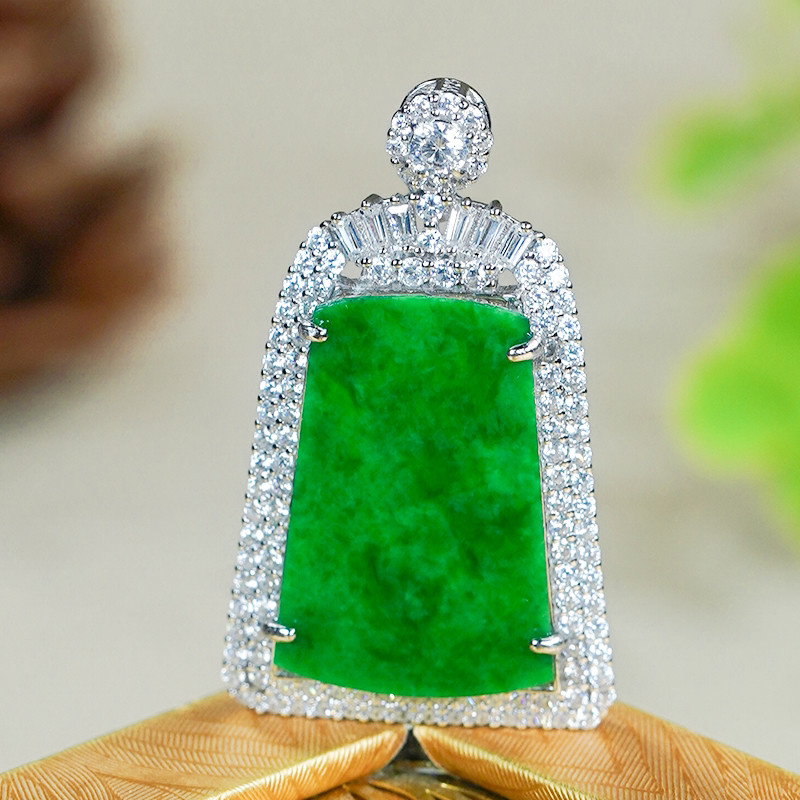 天然翡翠A货银镶百搭满绿翡翠无事牌吊坠s88