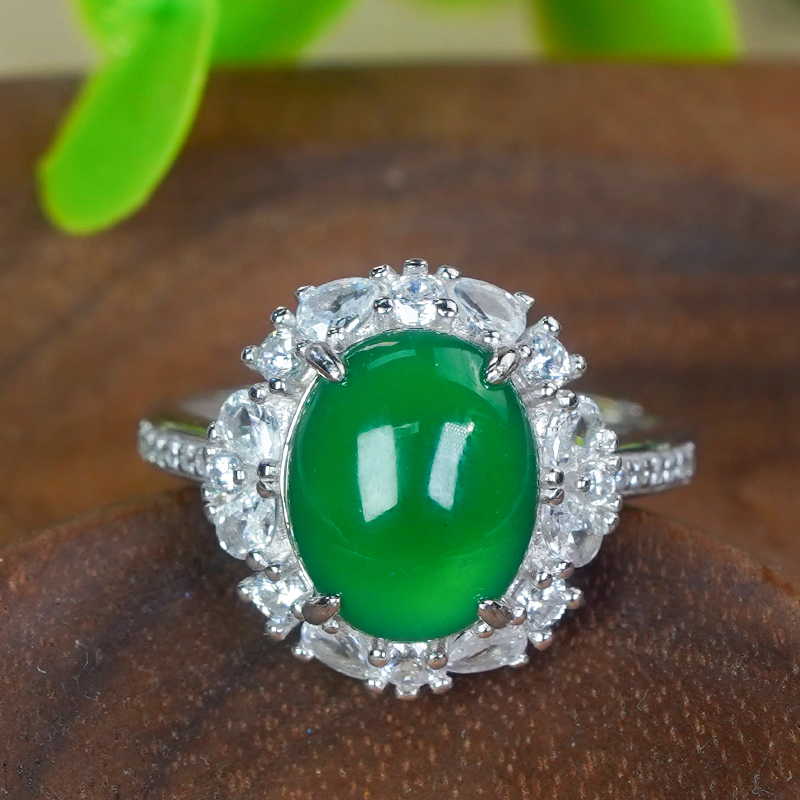 珠光翡翠蛋面戒指银镶嵌天然翡翠饰品A货高级感玉石冰辣绿活口戒
