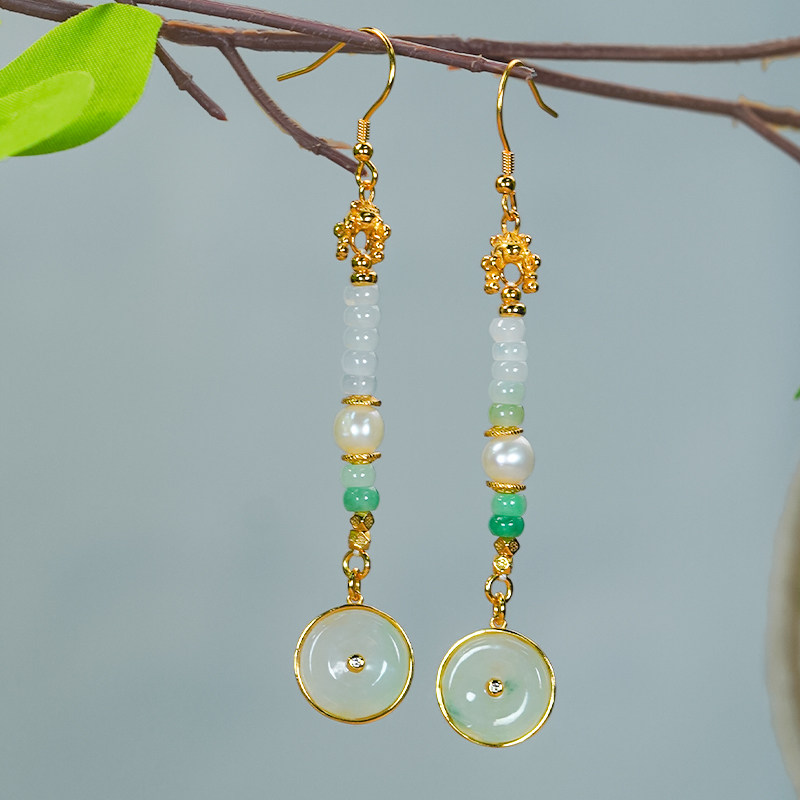 天然翡翠A货银镶新中式国风时尚精致飘绿平安扣翡翠耳环耳钩耳坠