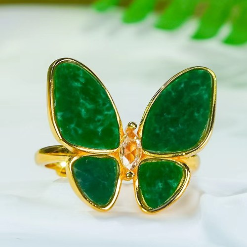 天然翡翠A货银镶嵌时尚气质优雅辣绿翡翠玉蝴蝶戒指