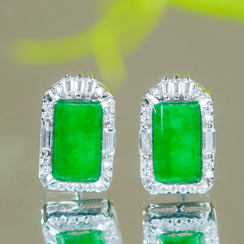 新款无事牌耳钉精致小巧百搭豪镶满锆银镶天然冰阳绿翡翠A货龙石