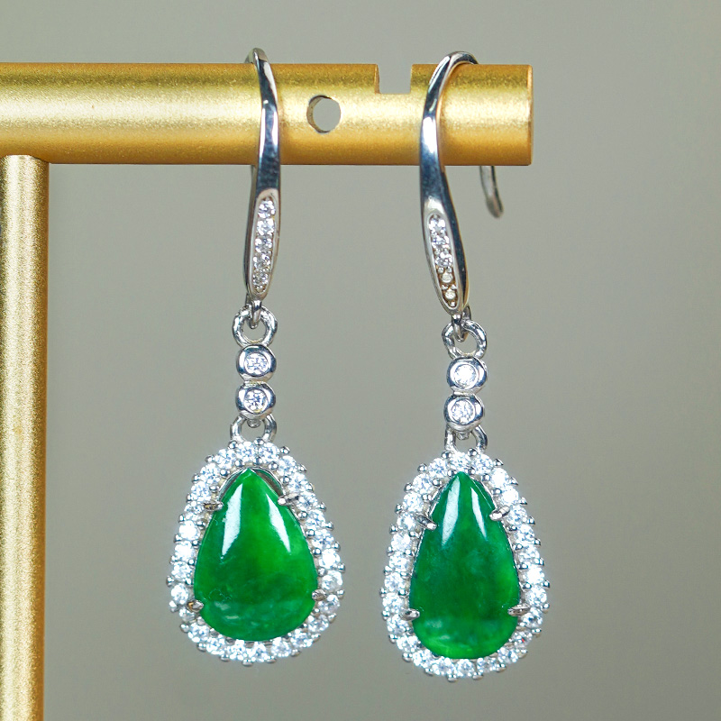 豪镶满锆双圆设计天然冰辣阳绿翡翠A货龙石银白色水滴耳环耳钩