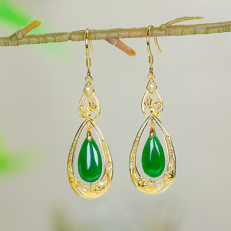 洛丽亚天然和田玉蝴蝶莲花设计银镶嵌精致碧玉菠菜绿水滴耳环耳钩,珠宝/钻石/翡翠,耳饰,淘宝优惠券,粉丝福利购,淘宝优惠卷