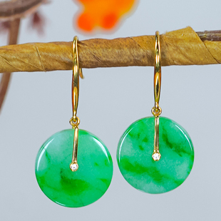 洛丽亚14K金镶玉天然翡翠A货时尚简约风飘花平安扣耳环耳钩一对