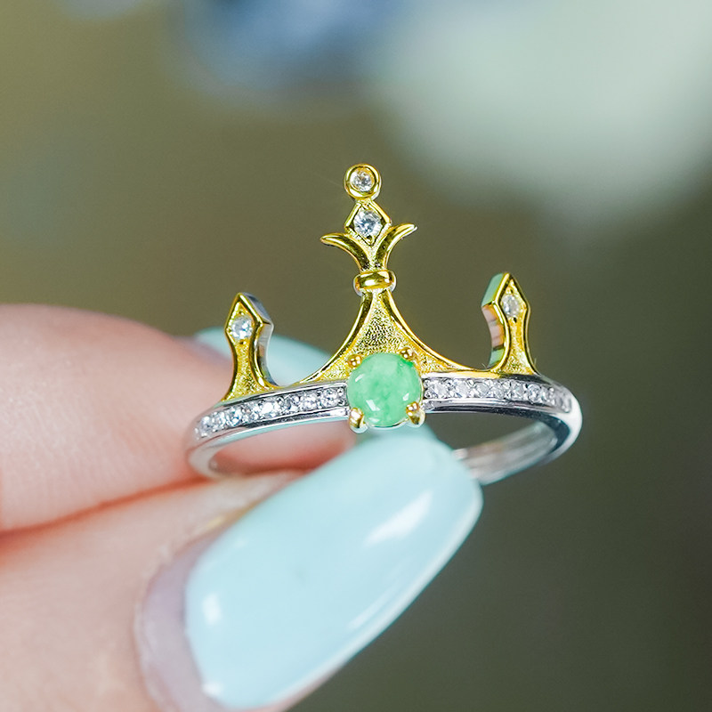 天然翡翠A货银镶嵌气质优雅女王皇冠冰阳绿翡翠蛋面戒指