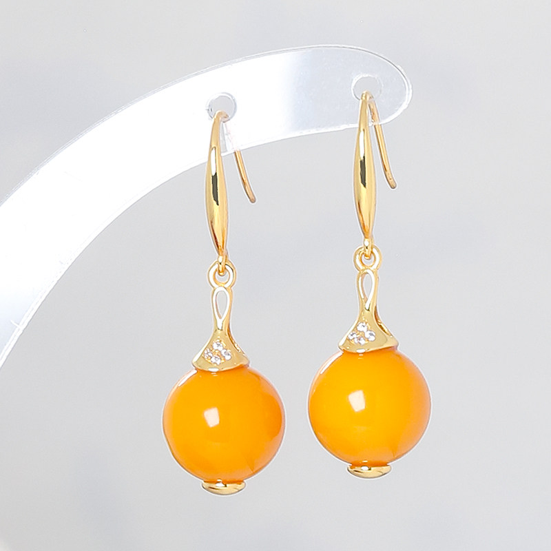 情人节送礼天然蜜蜡银镶嵌时尚简约风蜜蜡圆珠耳坠耳环耳钩