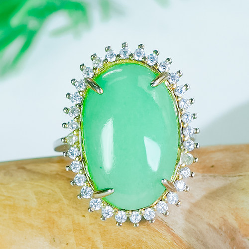 天然翡翠戒指A货银镶嵌满色阳绿