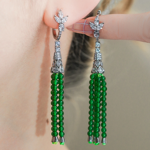 天然翡翠A货银镶精致高级感满绿时尚流苏小米珠翡翠耳包耳钉耳环