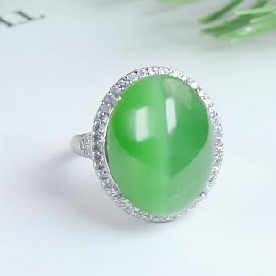 七夕礼物时尚简约风满锆天然和田玉碧玉银白色蛋面戒指送爱人送礼
