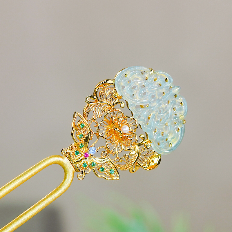 天然翡翠吊坠A货银镶嵌新中式国风花丝雕刻工艺蓝水蝴蝶发簪胸针