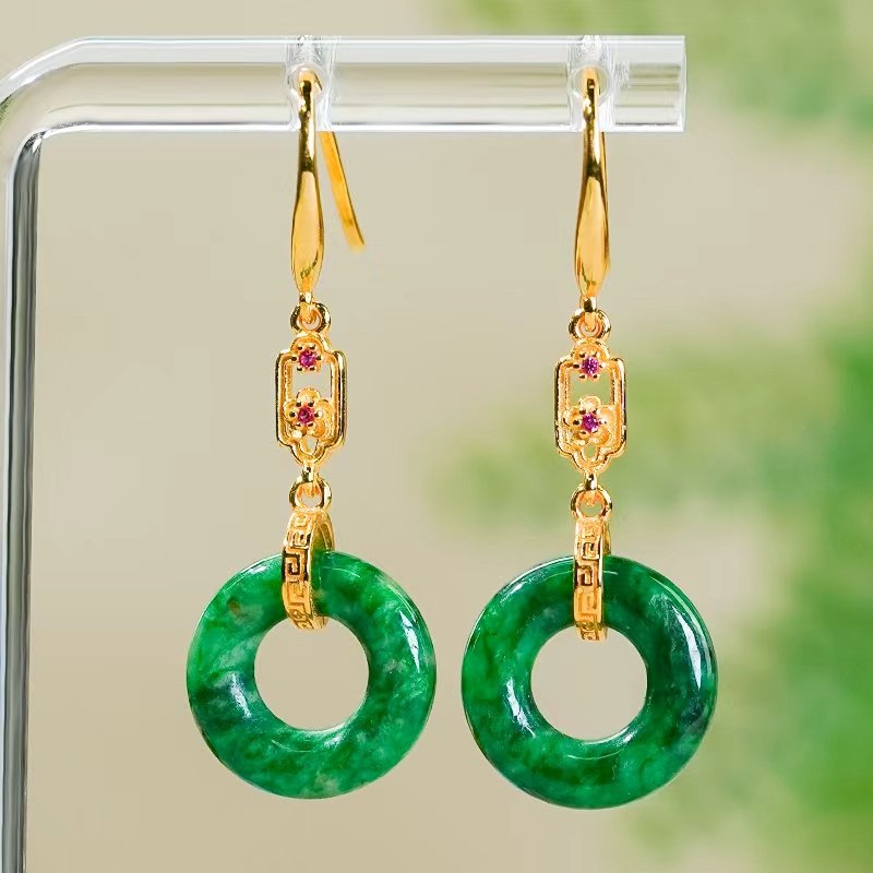 新中式天然A货翡翠玉耳饰银镶嵌国风梅花飘辣绿翡翠甜甜圈耳环