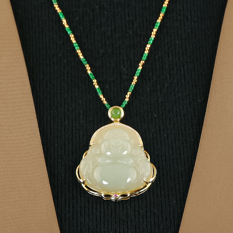 七夕情人节送老婆和田玉晴水色镯心料碧玉顶珠大肚佛公吊坠绿项链