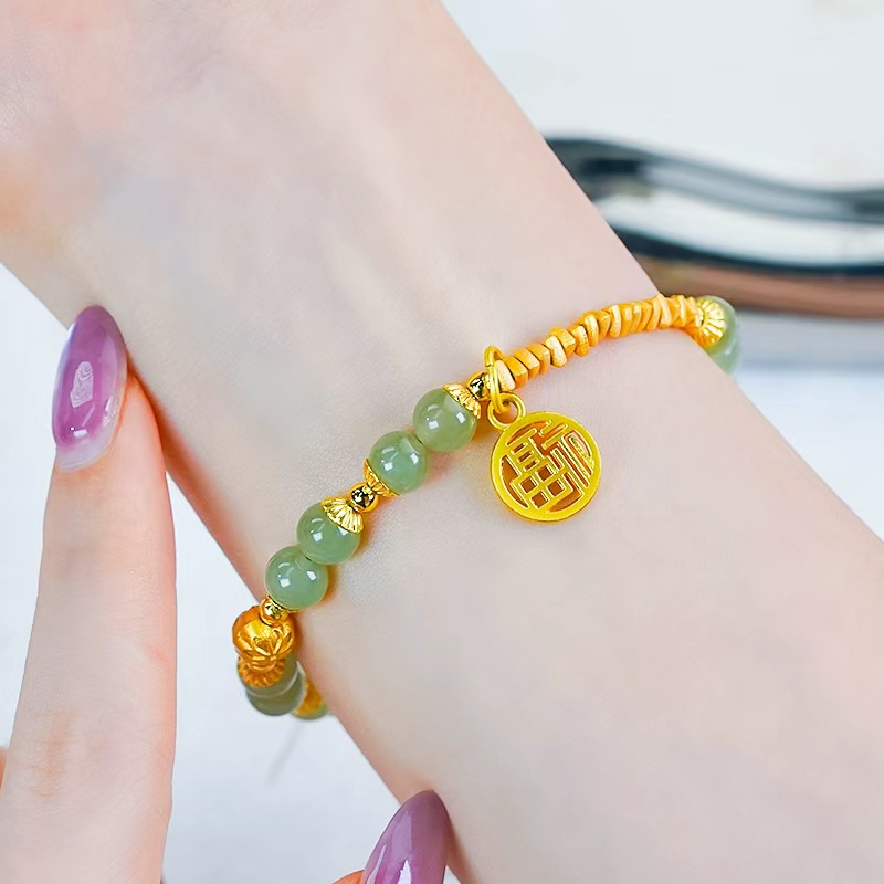 鱼跃龙门-天然和田玉手链福字手串晴水色圆珠莲花雕刻设计款